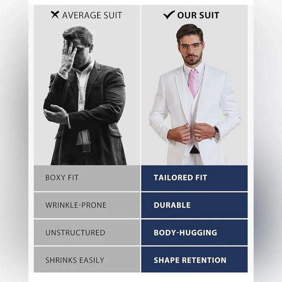 NWT Men's 3 Piece Slim Fit Suit Set, One Button Solid Jacket Vest Pants with Tie - Picture 4 of 8